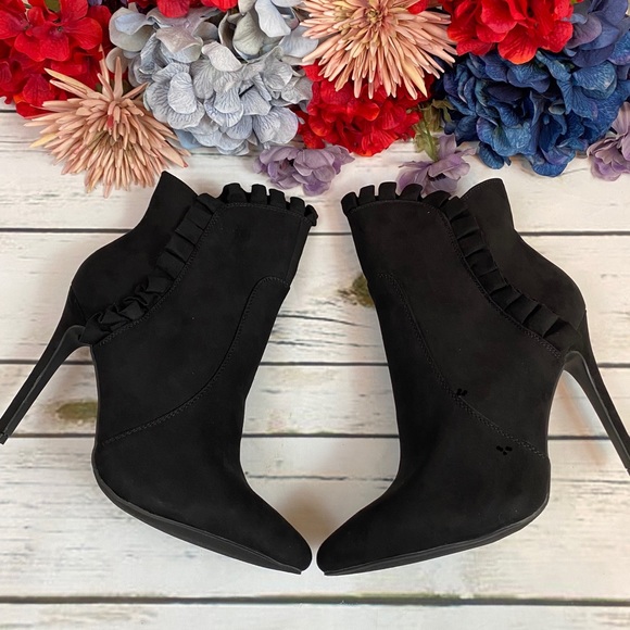 Black Faux Suede Victorian Heeled Bootie - Picture 6 of 11
